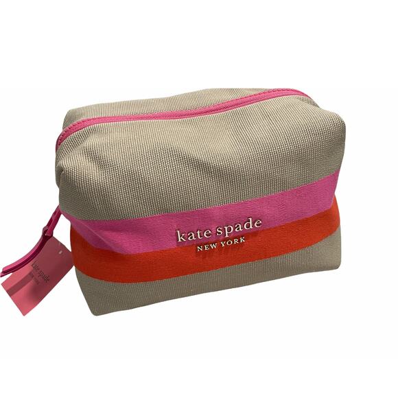 Kate Spade Stripe Logo Canvas Large Cosmetic Case  Travel Makeup Bag - Picture 1 of 8